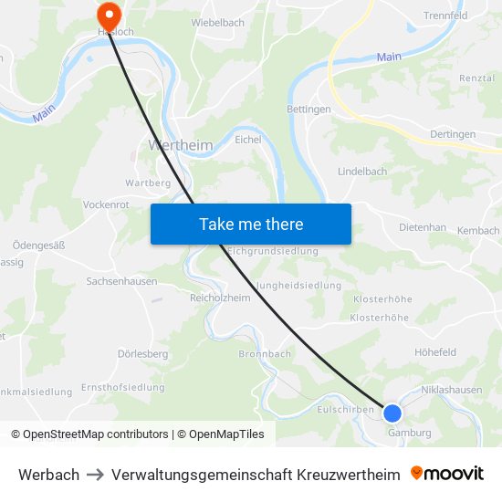 Werbach to Verwaltungsgemeinschaft Kreuzwertheim map