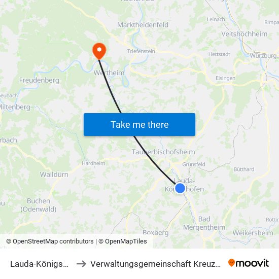 Lauda-Königshofen to Verwaltungsgemeinschaft Kreuzwertheim map