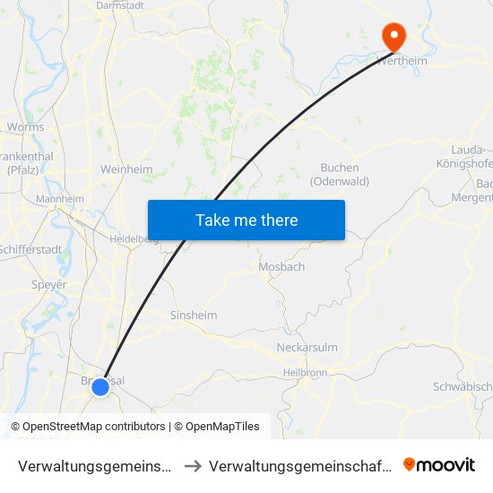 Verwaltungsgemeinschaft Bruchsal to Verwaltungsgemeinschaft Kreuzwertheim map