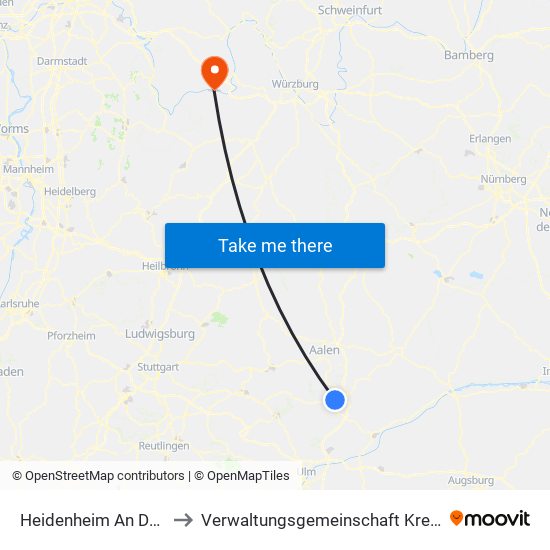 Heidenheim An Der Brenz to Verwaltungsgemeinschaft Kreuzwertheim map