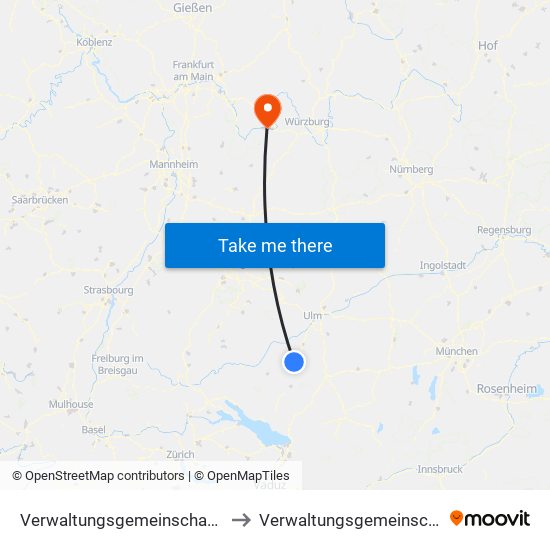 Verwaltungsgemeinschaft Biberach An Der Riß to Verwaltungsgemeinschaft Kreuzwertheim map