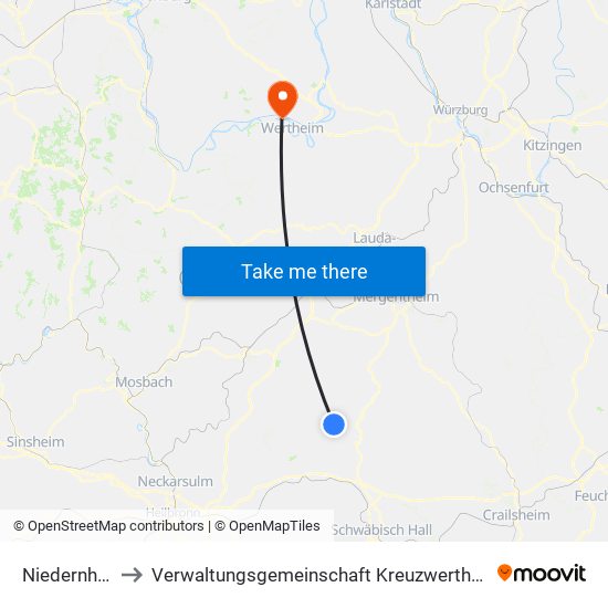 Niedernhall to Verwaltungsgemeinschaft Kreuzwertheim map