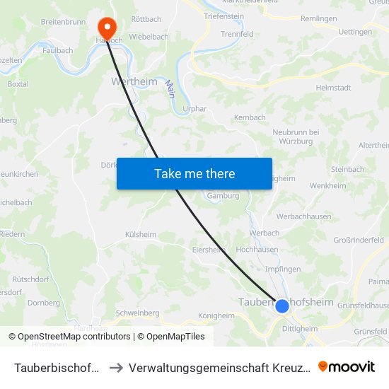 Tauberbischofsheim to Verwaltungsgemeinschaft Kreuzwertheim map