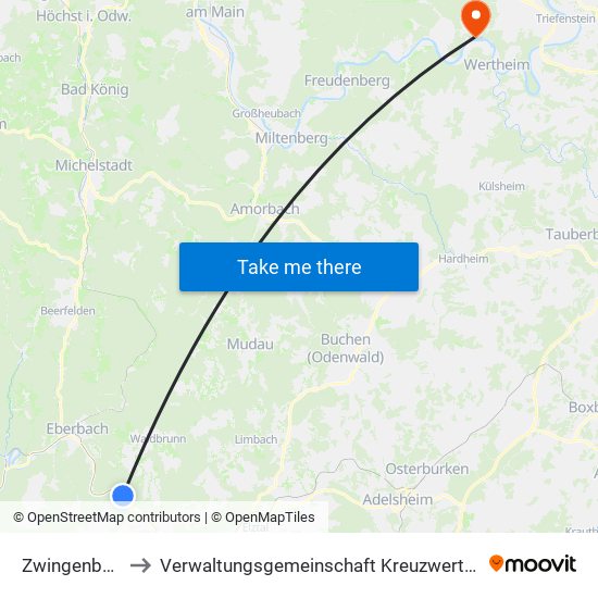 Zwingenberg to Verwaltungsgemeinschaft Kreuzwertheim map