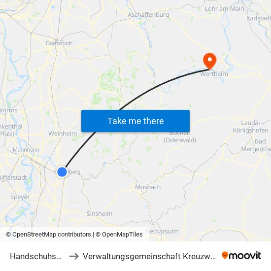 Handschuhsheim to Verwaltungsgemeinschaft Kreuzwertheim map