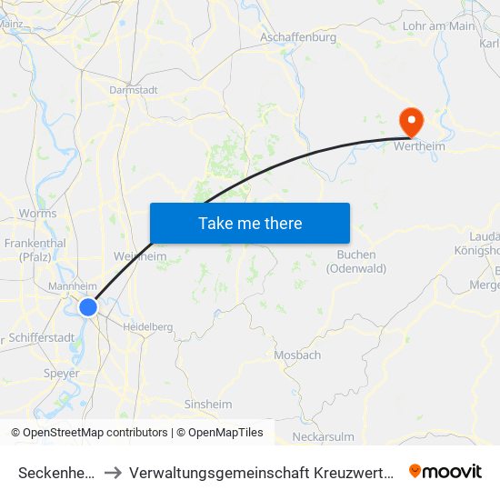 Seckenheim to Verwaltungsgemeinschaft Kreuzwertheim map