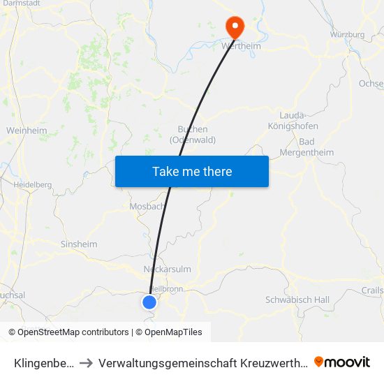 Klingenberg to Verwaltungsgemeinschaft Kreuzwertheim map