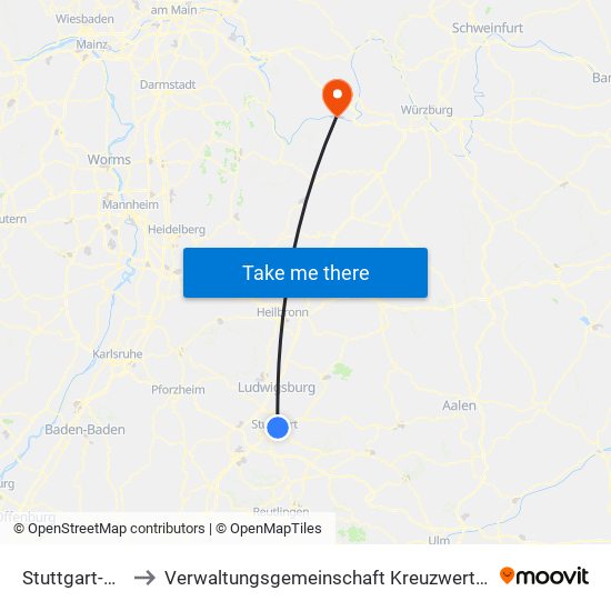 Stuttgart-Ost to Verwaltungsgemeinschaft Kreuzwertheim map