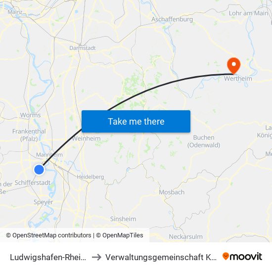 Ludwigshafen-Rheingönheim to Verwaltungsgemeinschaft Kreuzwertheim map