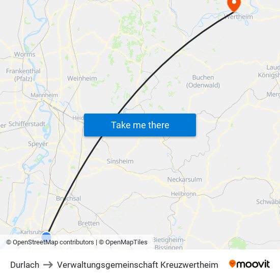 Durlach to Verwaltungsgemeinschaft Kreuzwertheim map