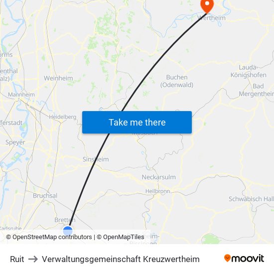 Ruit to Verwaltungsgemeinschaft Kreuzwertheim map