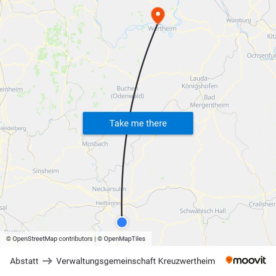 Abstatt to Verwaltungsgemeinschaft Kreuzwertheim map