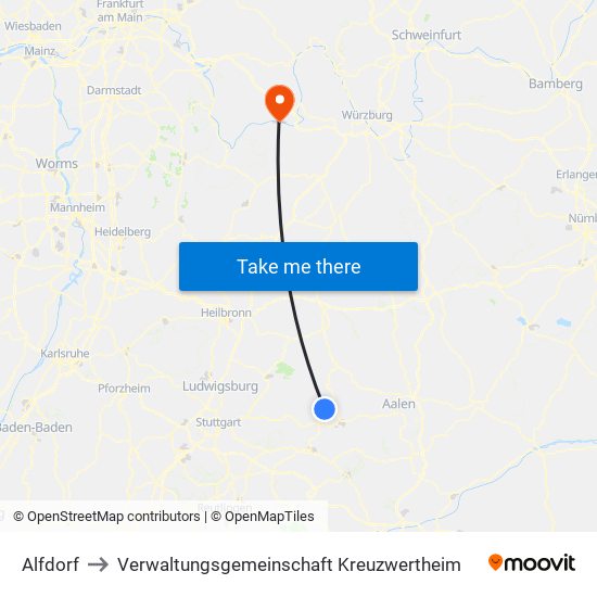 Alfdorf to Verwaltungsgemeinschaft Kreuzwertheim map