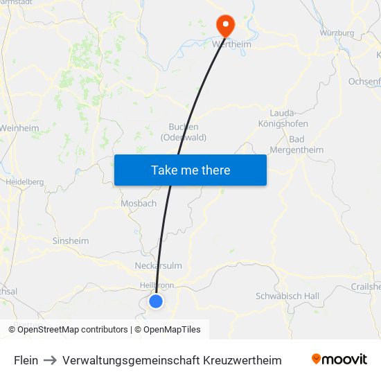 Flein to Verwaltungsgemeinschaft Kreuzwertheim map