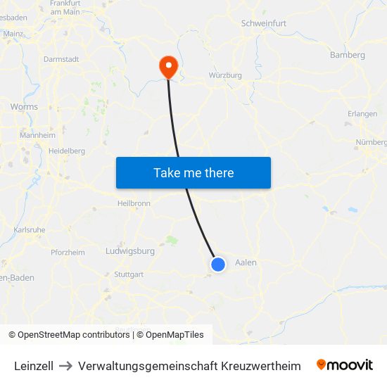 Leinzell to Verwaltungsgemeinschaft Kreuzwertheim map