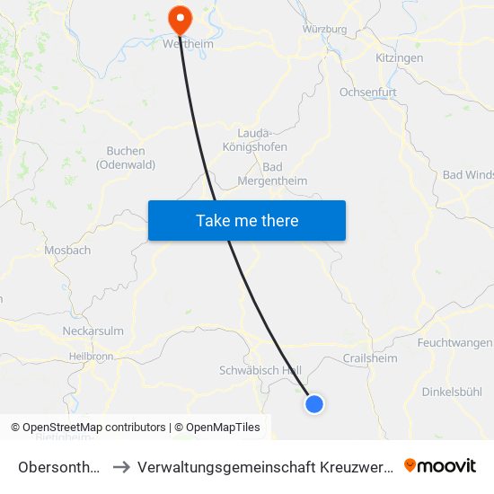 Obersontheim to Verwaltungsgemeinschaft Kreuzwertheim map