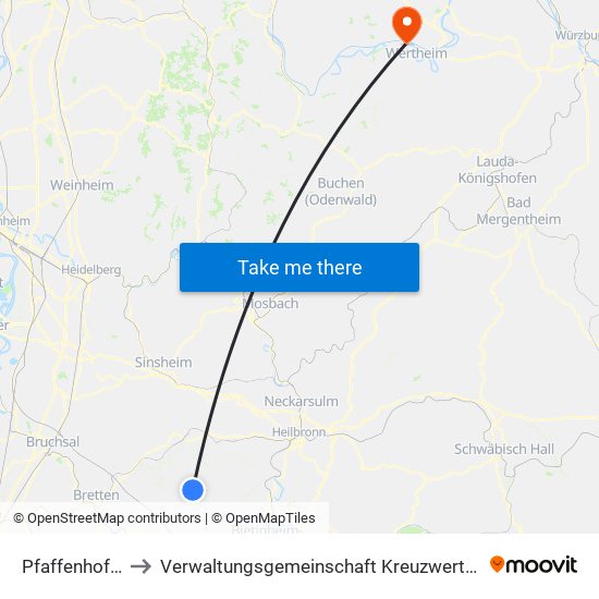 Pfaffenhofen to Verwaltungsgemeinschaft Kreuzwertheim map