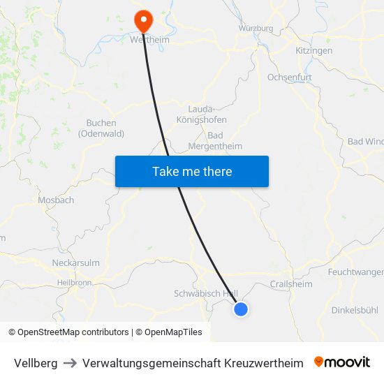 Vellberg to Verwaltungsgemeinschaft Kreuzwertheim map