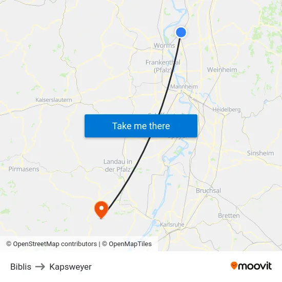 Biblis to Kapsweyer map