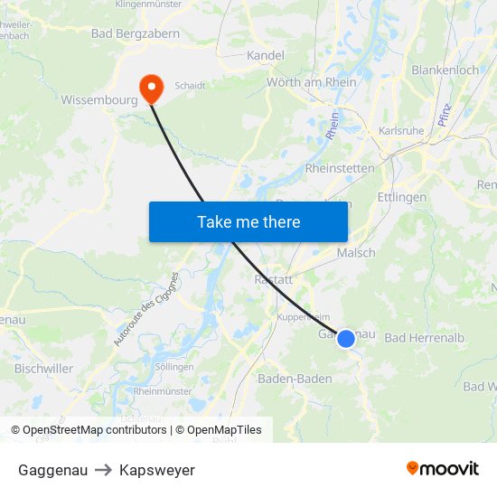 Gaggenau to Kapsweyer map