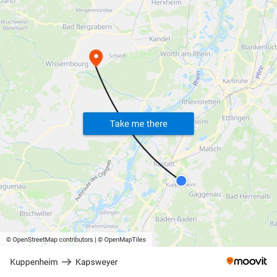 Kuppenheim to Kapsweyer map