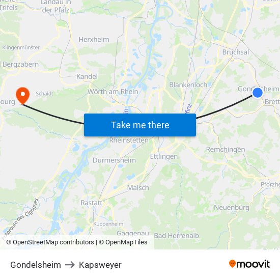 Gondelsheim to Kapsweyer map