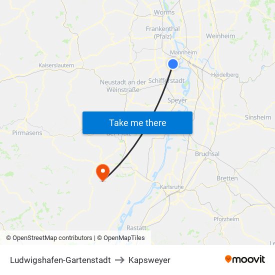 Ludwigshafen-Gartenstadt to Kapsweyer map