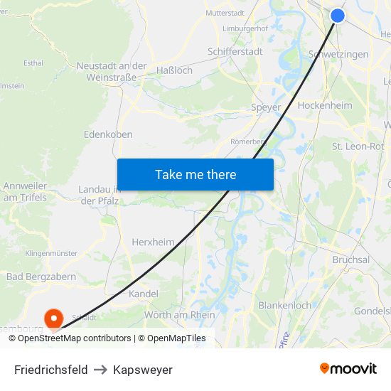 Friedrichsfeld to Kapsweyer map