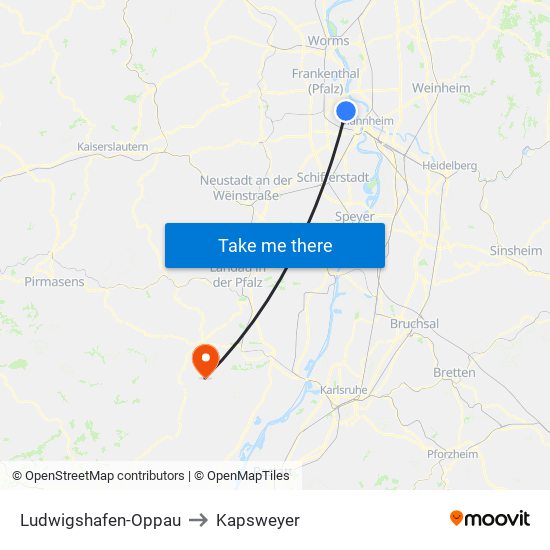 Ludwigshafen-Oppau to Kapsweyer map
