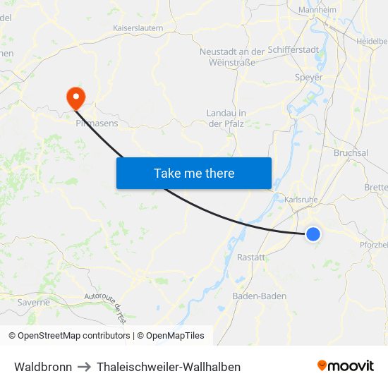 Waldbronn to Thaleischweiler-Wallhalben map