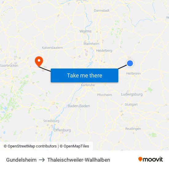 Gundelsheim to Thaleischweiler-Wallhalben map