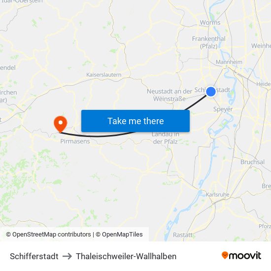 Schifferstadt to Thaleischweiler-Wallhalben map