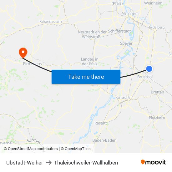 Ubstadt-Weiher to Thaleischweiler-Wallhalben map