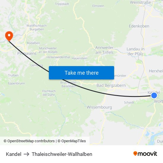 Kandel to Thaleischweiler-Wallhalben map