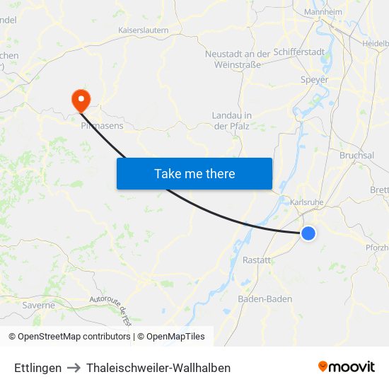 Ettlingen to Thaleischweiler-Wallhalben map