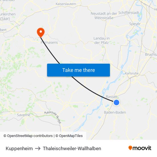 Kuppenheim to Thaleischweiler-Wallhalben map