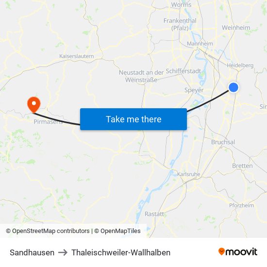 Sandhausen to Thaleischweiler-Wallhalben map
