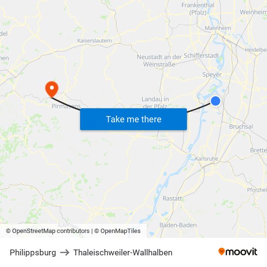 Philippsburg to Thaleischweiler-Wallhalben map