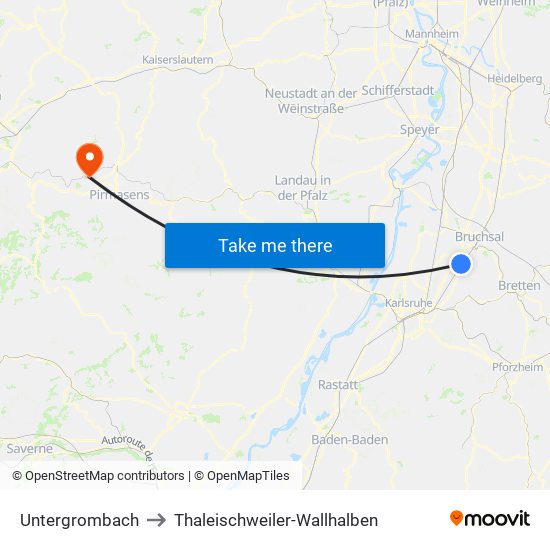 Untergrombach to Thaleischweiler-Wallhalben map