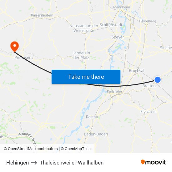 Flehingen to Thaleischweiler-Wallhalben map