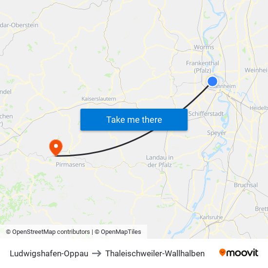 Ludwigshafen-Oppau to Thaleischweiler-Wallhalben map