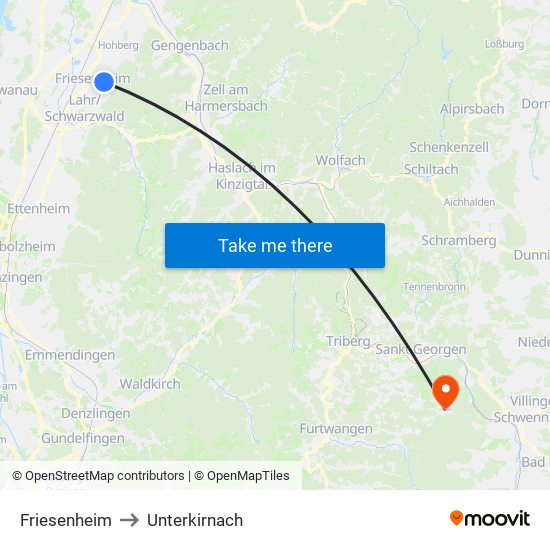 Friesenheim to Unterkirnach map