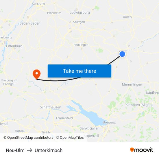Neu-Ulm to Unterkirnach map