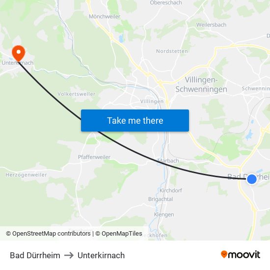 Bad Dürrheim to Unterkirnach map