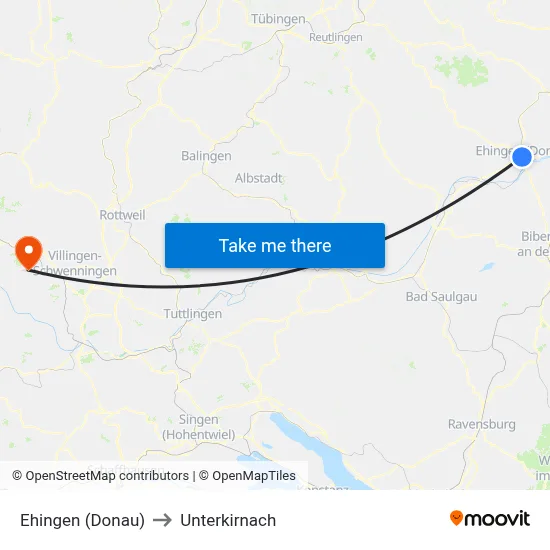 Ehingen (Donau) to Unterkirnach map