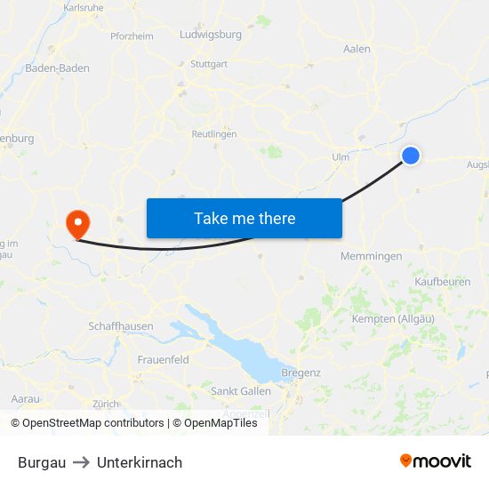 Burgau to Unterkirnach map