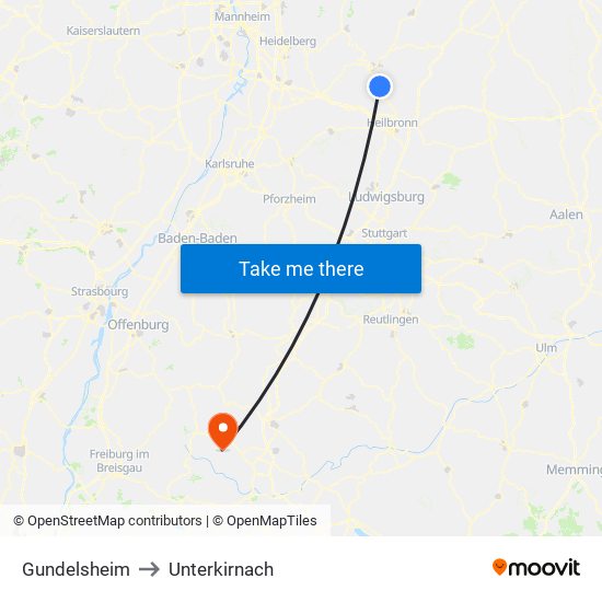 Gundelsheim to Unterkirnach map