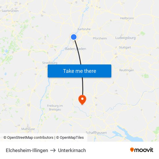Elchesheim-Illingen to Unterkirnach map