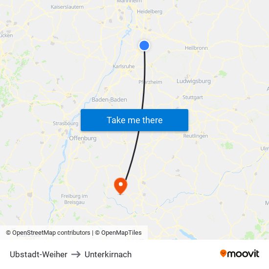 Ubstadt-Weiher to Unterkirnach map