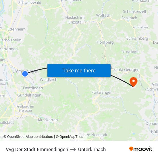 Vvg Der Stadt Emmendingen to Unterkirnach map